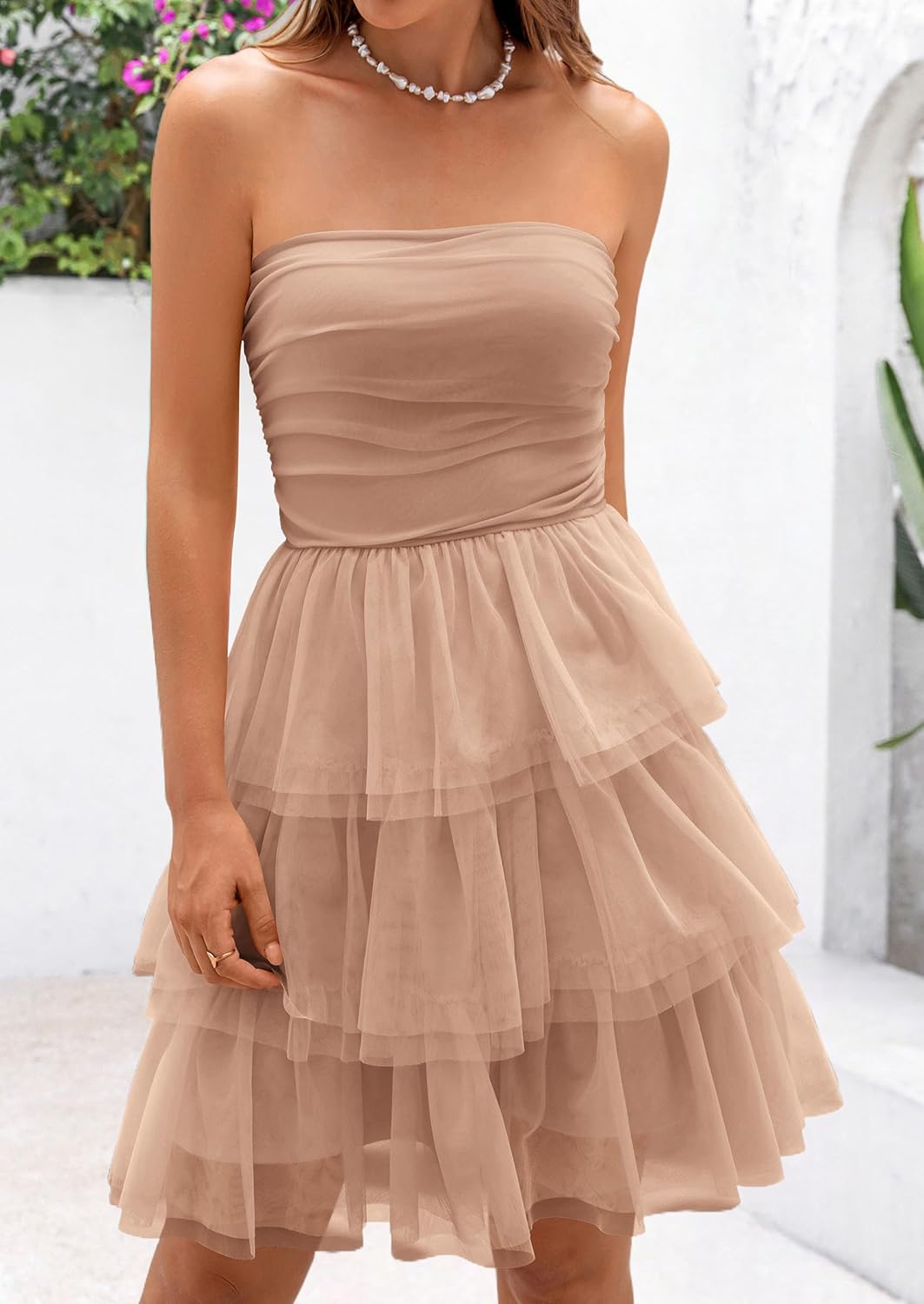 PRETTYGARDEN Womens Tulle Dress Strapless Tube Top Short Dress Summer Ruffle Tiered Party Wedding Guest Dresses Large